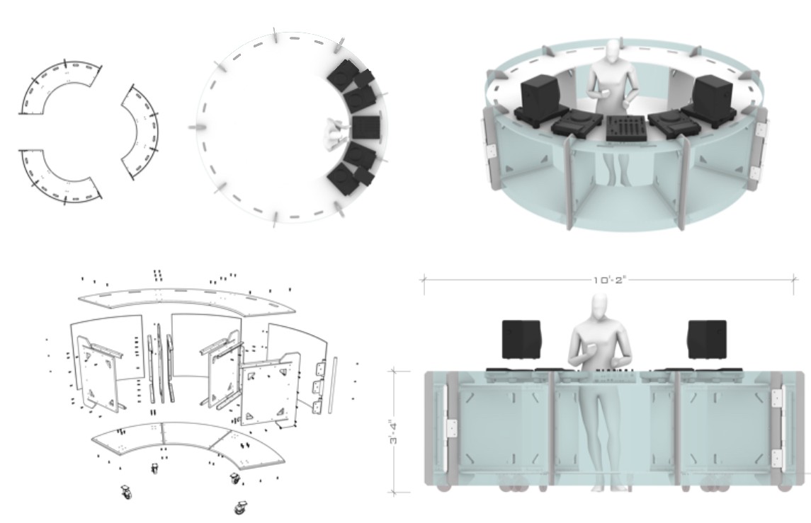 Design drawings for the 360° DJ booth: plan, exploded assembly and elevations, 10 feet 2 inches across and 3 feet 4 inches high