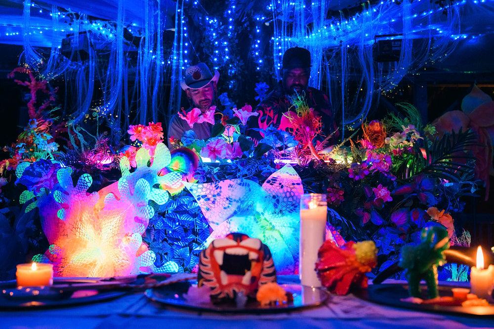 The Pavilion stage at night: neon flowers and a glowing LED tree