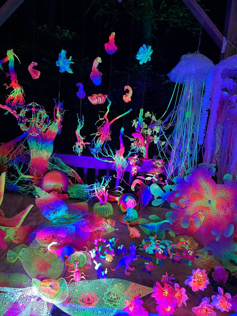 The UV sea garden at the Pavilion: hanging glowing corals, a jellyfish made of light and neon flowers