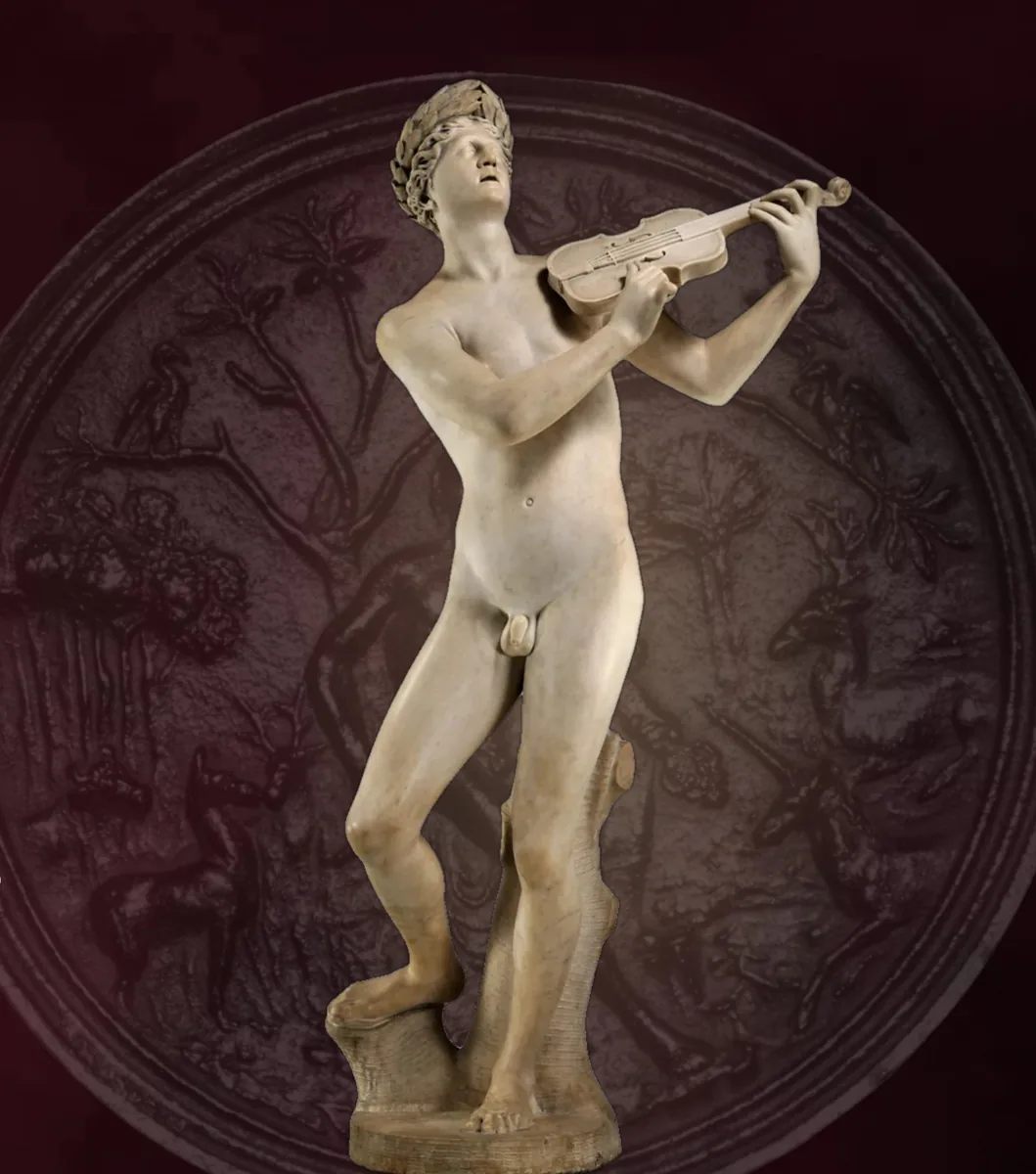 A marble statue of Orpheus playing a stringed instrument